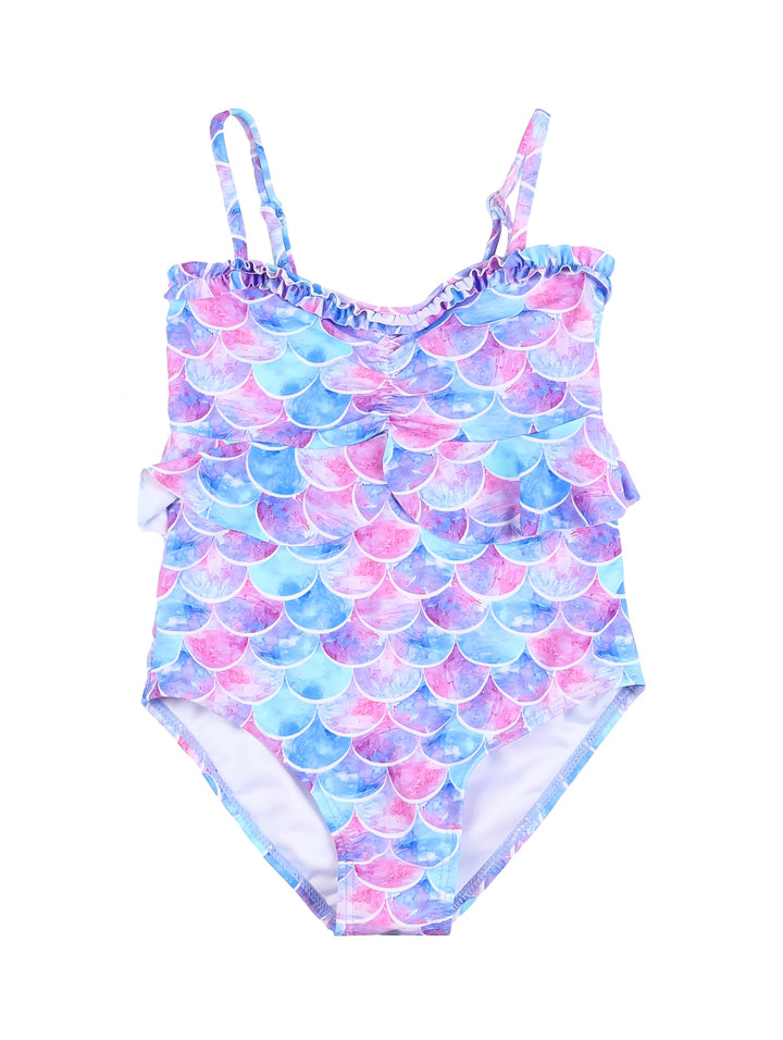 Traje de baño enterizo para niña con estampado de escamas de sirena en colores azul y rosa.