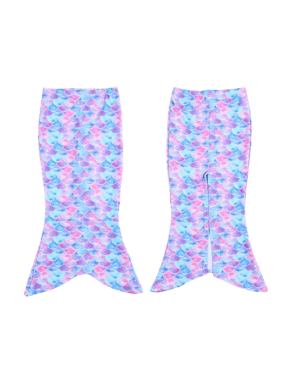 Traje de baño enterizo para niña con estampado de escamas de sirena en colores azul y rosa.