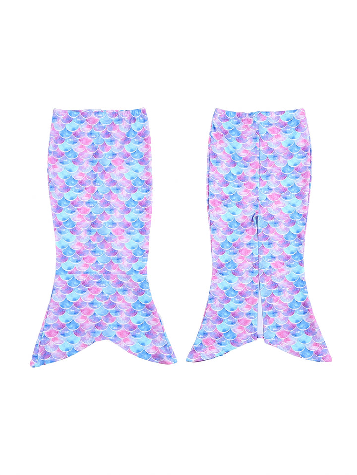 Traje de baño enterizo para niña con estampado de escamas de sirena en colores azul y rosa.
