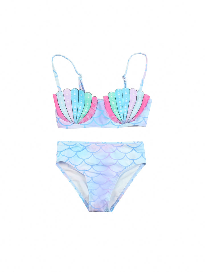 Traje de baño de dos piezas para niña con diseño de escamas de sirena en tonos azul, rosa y morado.