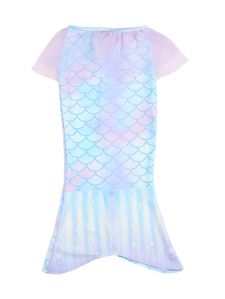 Traje de baño de dos piezas para niña con diseño de escamas de sirena en tonos azul, rosa y morado.