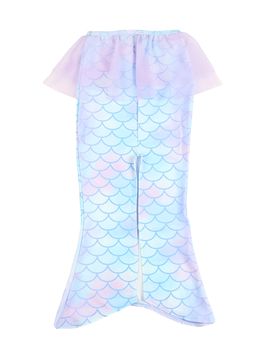 Traje de baño de dos piezas para niña con diseño de escamas de sirena en tonos azul, rosa y morado.