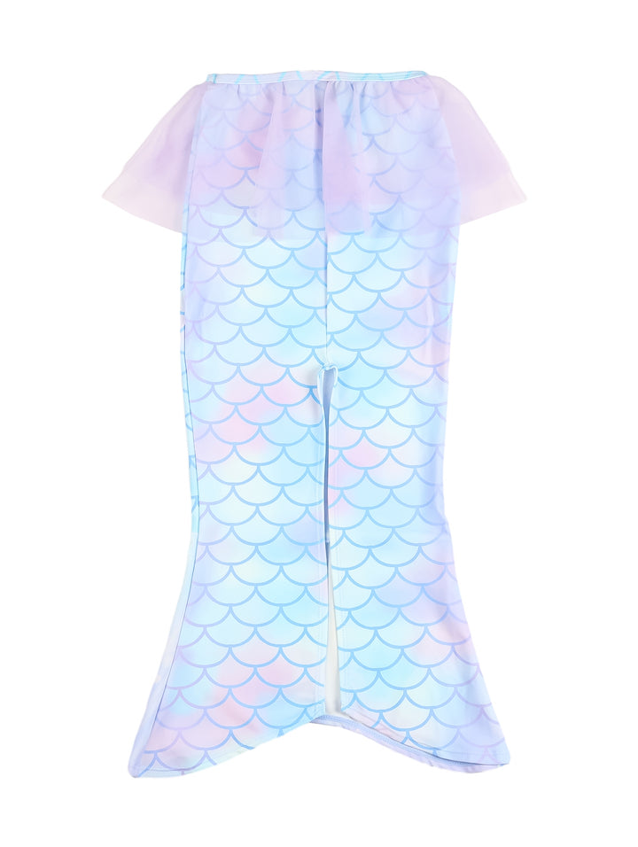 Traje de baño de dos piezas para niña con diseño de escamas de sirena en tonos azul, rosa y morado.