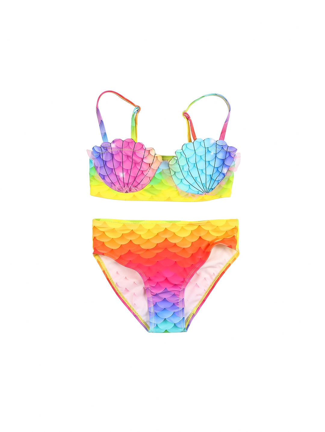 Traje de baño de dos piezas para niña con diseño de conchas en colores arcoíris.