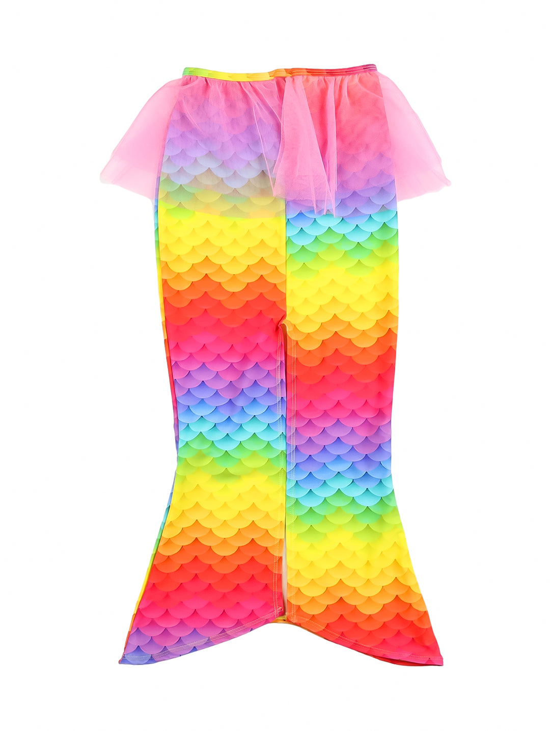 Traje de baño de dos piezas para niña con diseño de conchas en colores arcoíris.