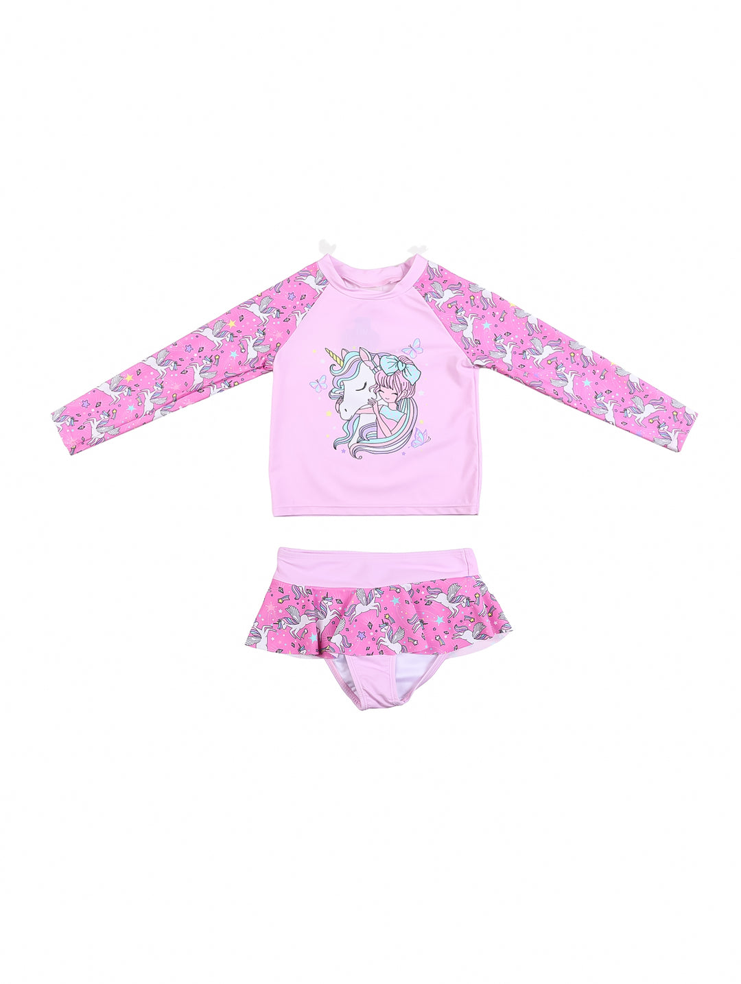 Traje de baño de dos piezas para niña en color rosa y morado con estampado de unicornio y manga larga.