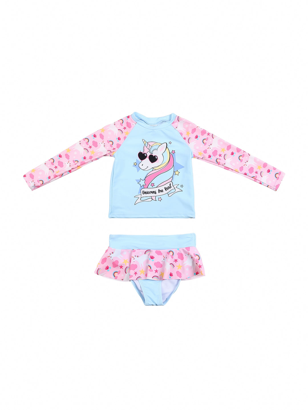 Traje de baño de dos piezas para niña en colores azul y rosa con estampado de unicornios.
