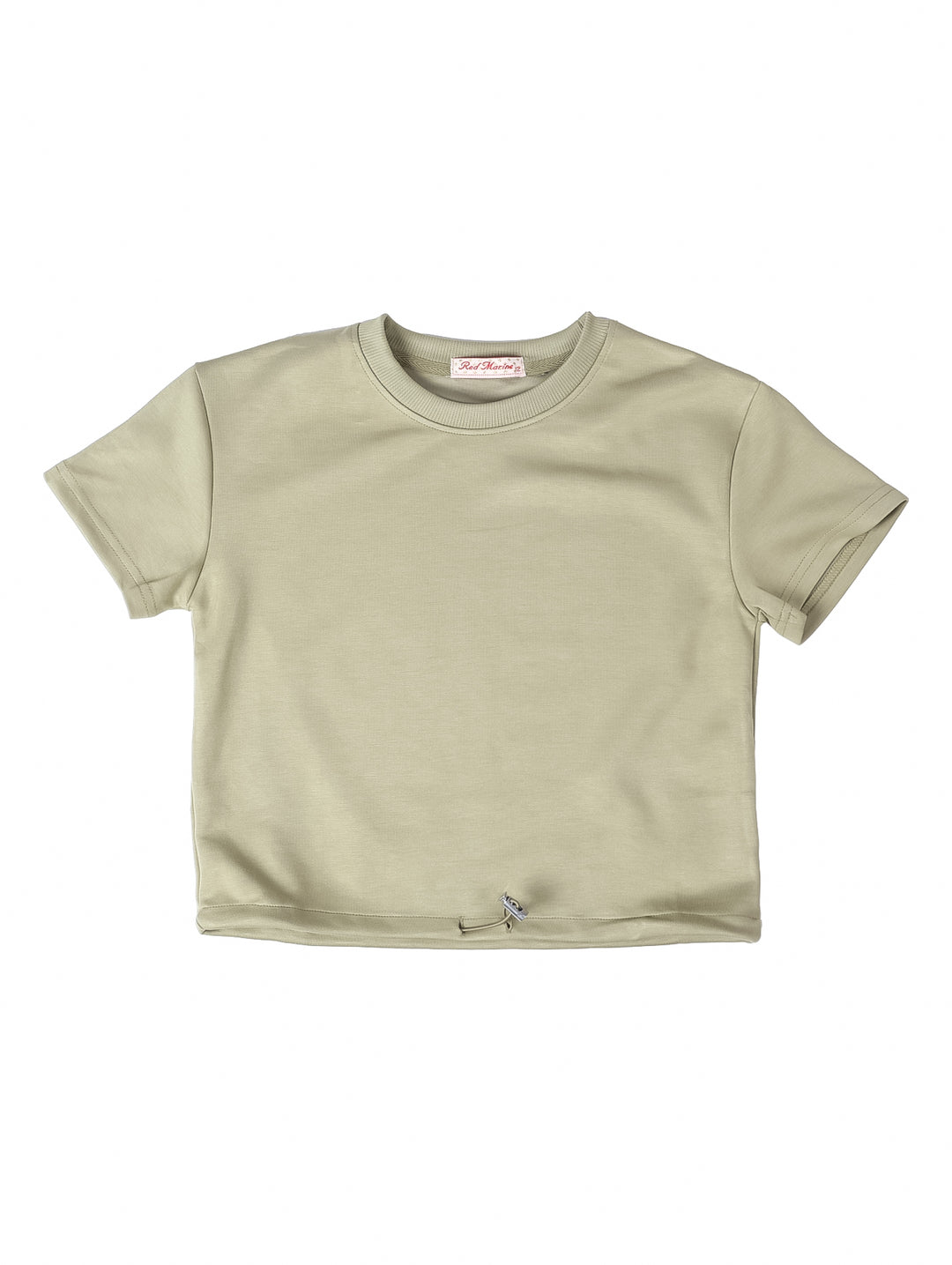 Camiseta verde de manga corta para niña con detalle de nudo en la parte inferior.
