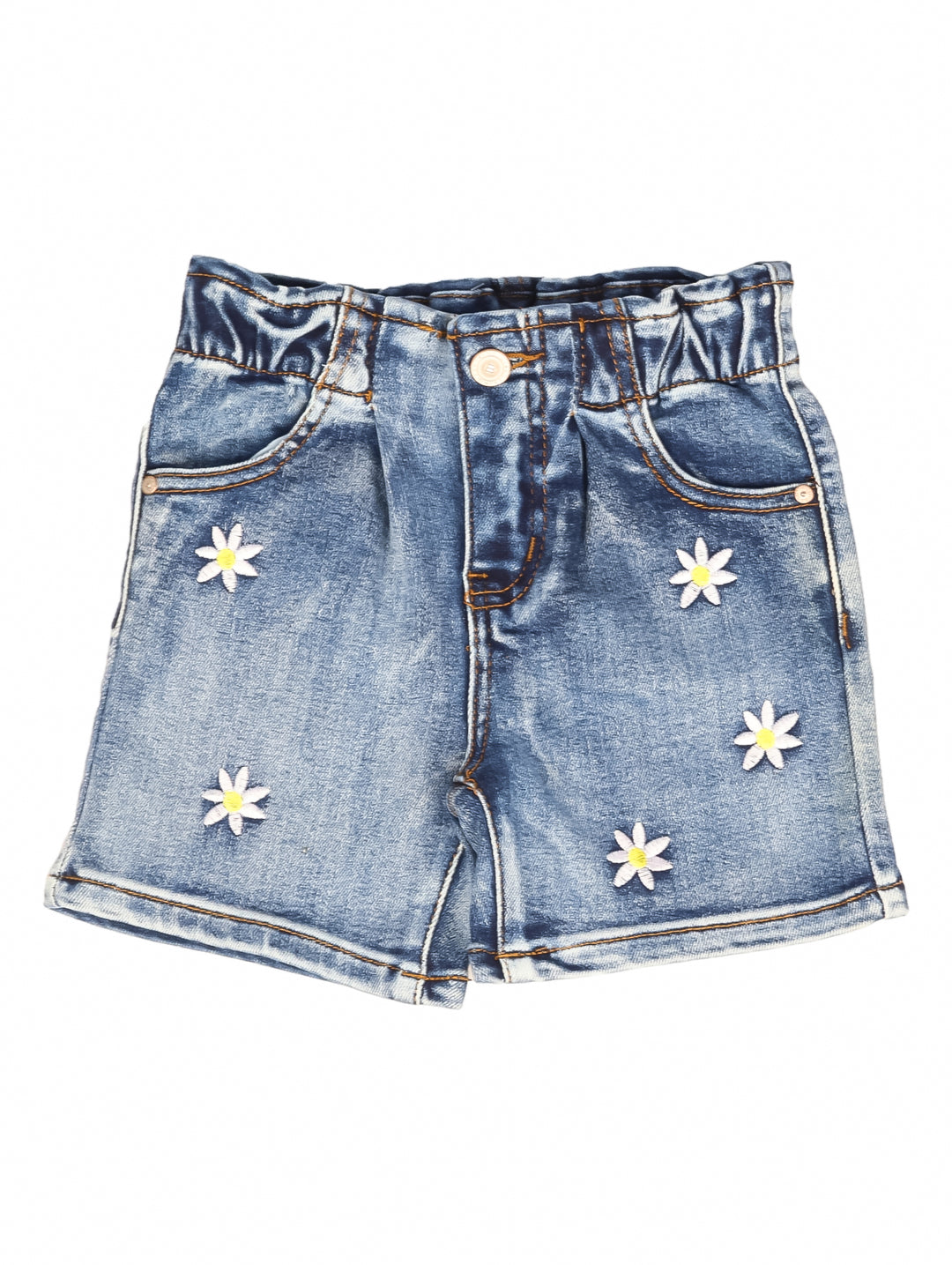 Shorts de mezclilla azul para niña con bordados de flores blancas y amarillas y cintura elástica.