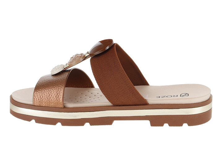 Sandalias confort ROZE color bronce con plataforma beige y marrón.
