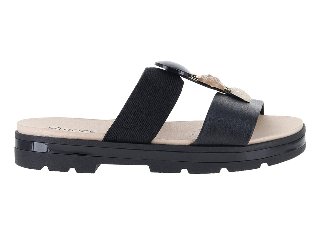 Sandalias negras de plataforma con suela dentada y plantillas beige.