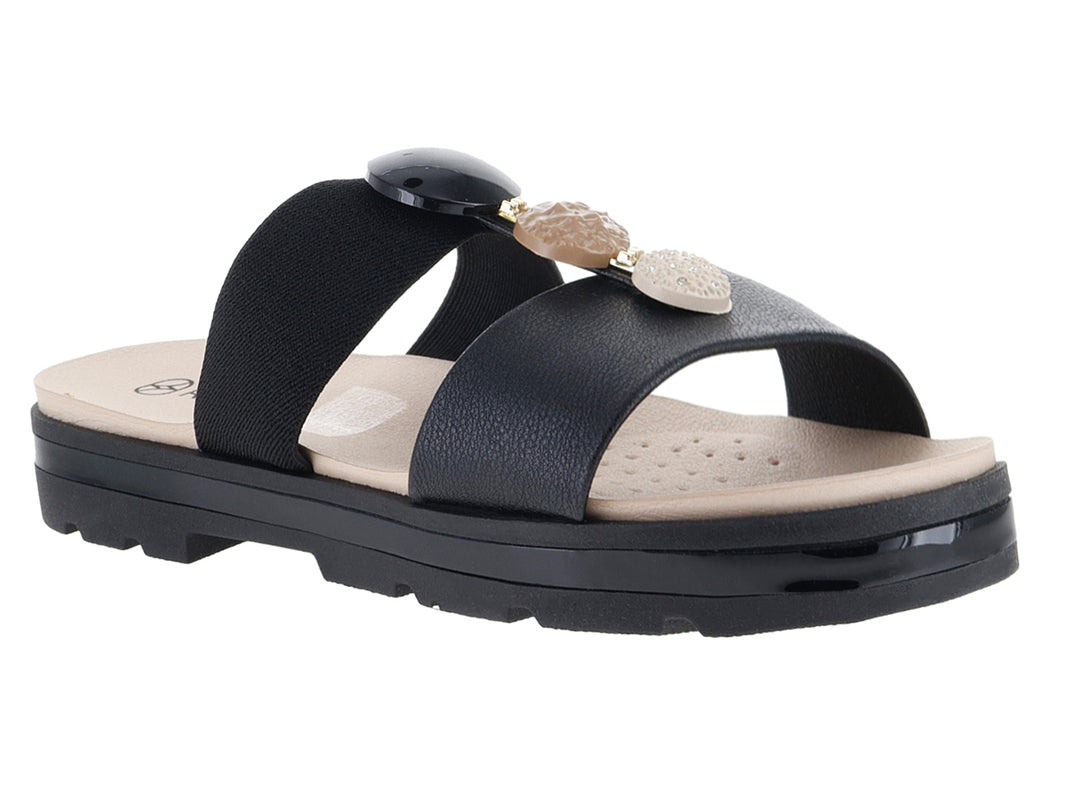 Sandalias negras de plataforma con suela dentada y plantillas beige.
