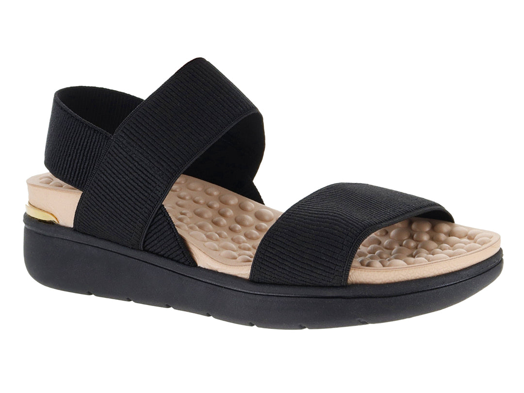 Sandalia de confort color negro con plantilla beige y tiras anchas elásticas.