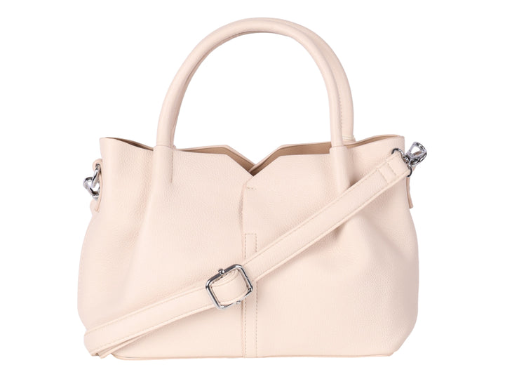 Bolso de mano color beige con asas redondeadas y un adorno de borla en tonos blanco y amarillo.