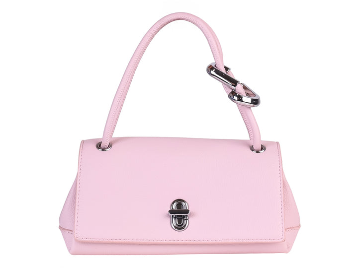 Bolso de mano color rosa pastel con asa superior y cierre metálico plateado.