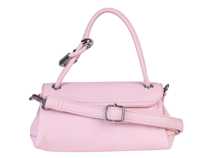 Bolso de mano color rosa pastel con asa superior y cierre metálico plateado.