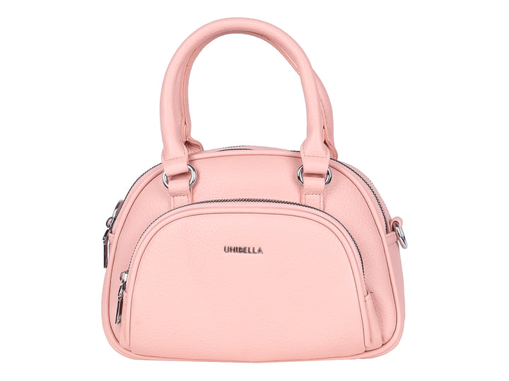 Bolso de mano color rosa marca Unibella con asa superior y cierres plateados.