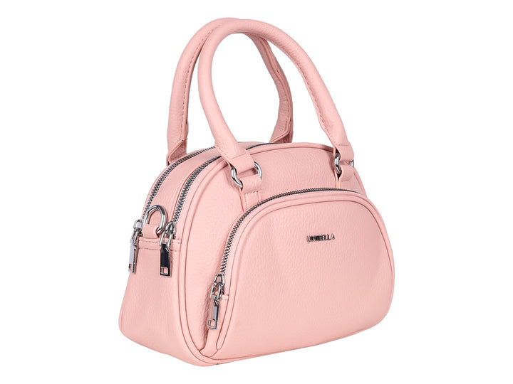 Bolso de mano color rosa marca Unibella con asa superior y cierres plateados.