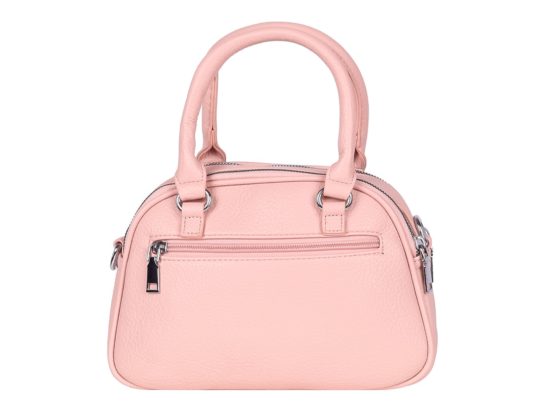 Bolso de mano color rosa marca Unibella con asa superior y cierres plateados.