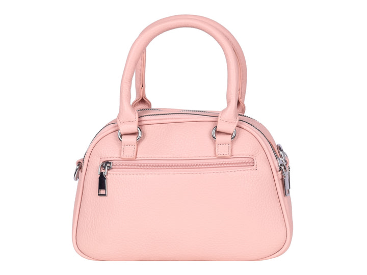 Bolso de mano color rosa marca Unibella con asa superior y cierres plateados.