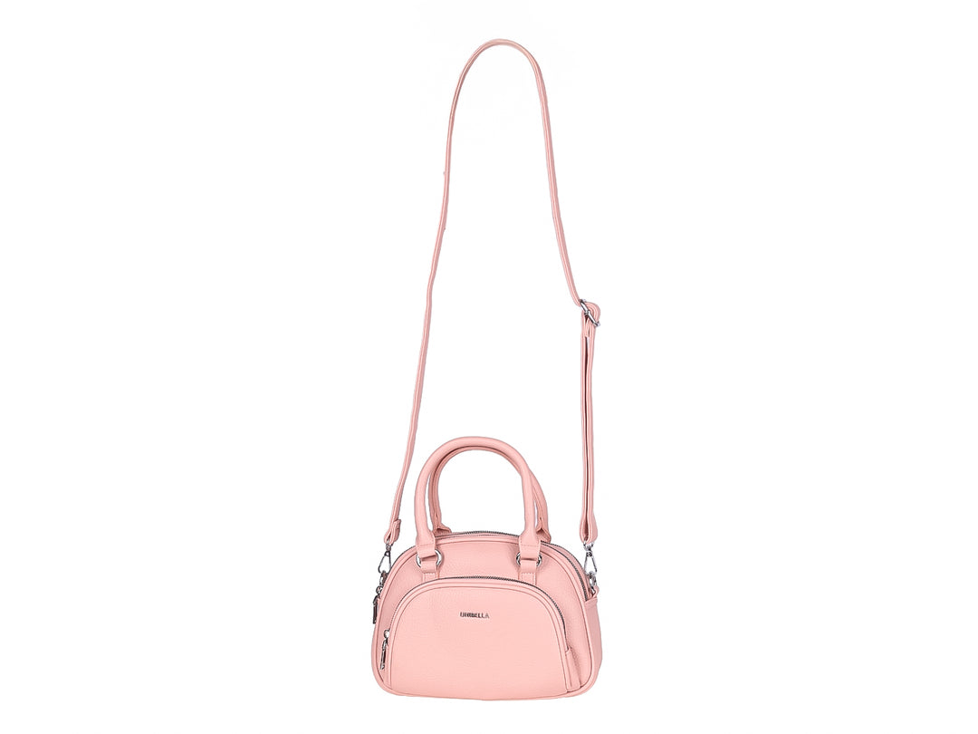 Bolso de mano color rosa marca Unibella con asa superior y cierres plateados.