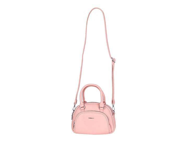 Bolso de mano color rosa marca Unibella con asa superior y cierres plateados.