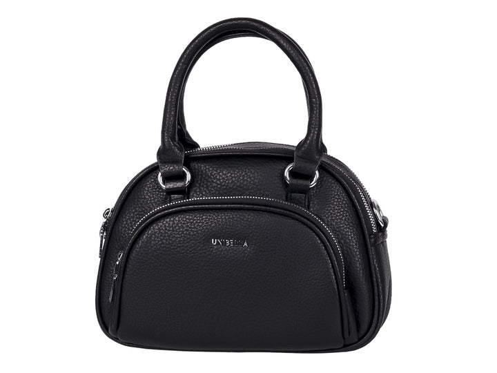 Bolso de mano color negro con textura rugosa, asa superior y detalles en metal plateado.