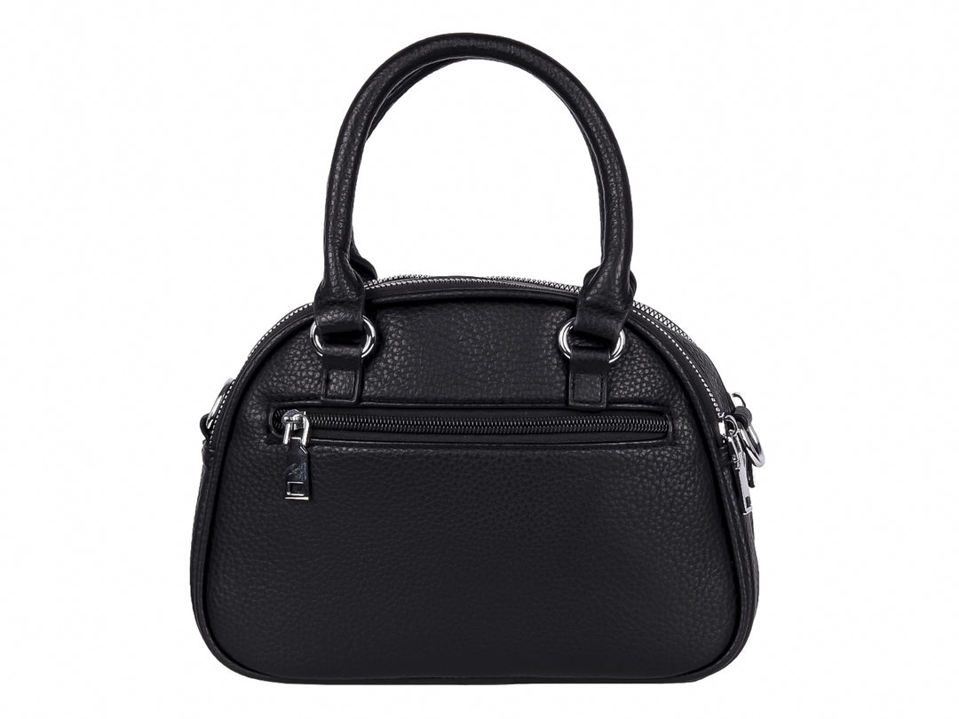 Bolso de mano color negro con textura rugosa, asa superior y detalles en metal plateado.