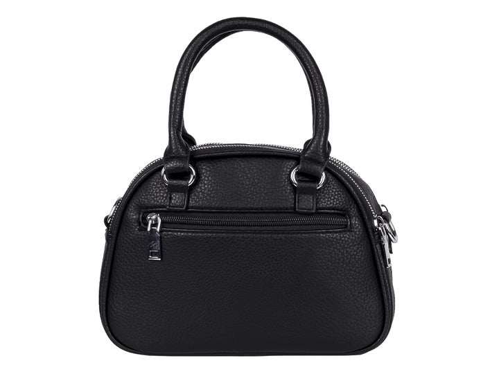 Bolso de mano color negro con textura rugosa, asa superior y detalles en metal plateado.