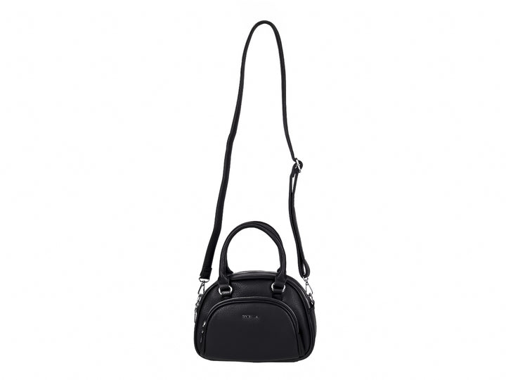 Bolso de mano color negro con textura rugosa, asa superior y detalles en metal plateado.
