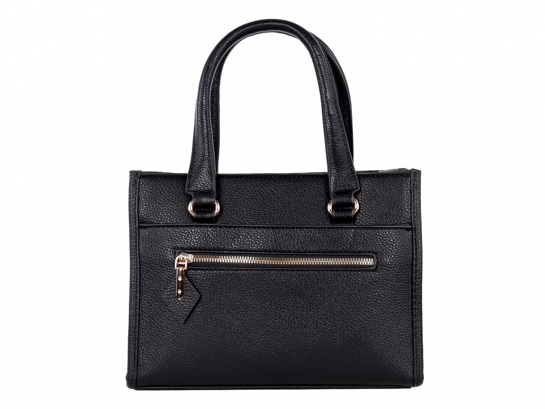 Bolso de mano negro con textura granulada, asas cortas y un cierre frontal en color dorado.