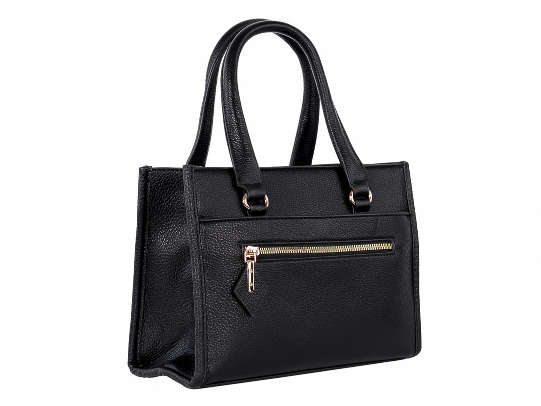 Bolso de mano negro con textura granulada, asas cortas y un cierre frontal en color dorado.