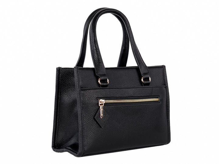 Bolso de mano negro con textura granulada, asas cortas y un cierre frontal en color dorado.