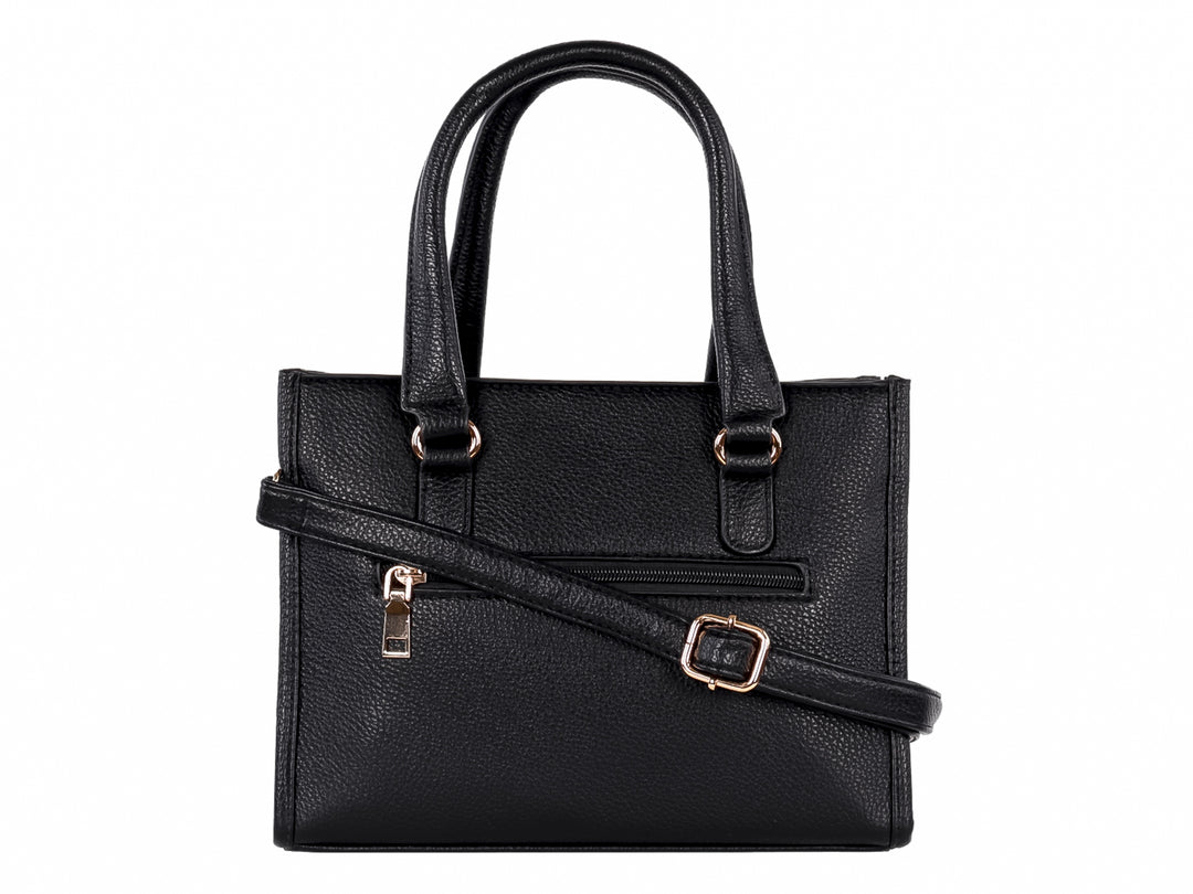 Bolso de mano negro con textura granulada, asas cortas y un cierre frontal en color dorado.