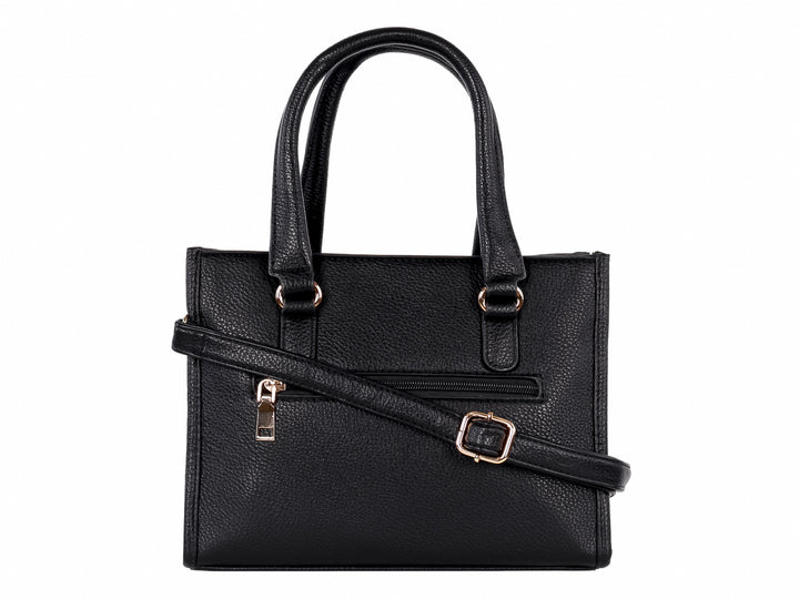 Bolso de mano negro con textura granulada, asas cortas y un cierre frontal en color dorado.