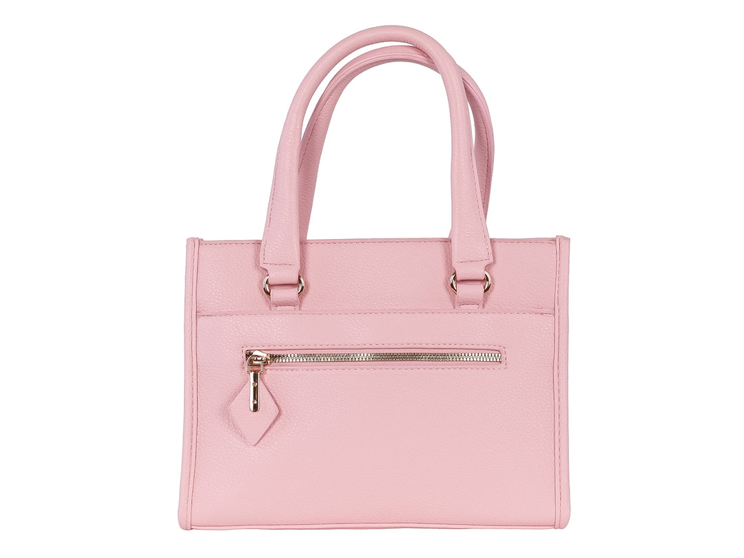 Bolsa de hombro color rosa con asas superiores y bolsillo frontal con cierre dorado.
