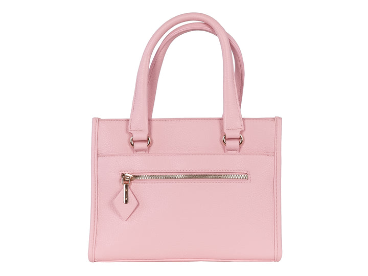 Bolsa de hombro color rosa con asas superiores y bolsillo frontal con cierre dorado.