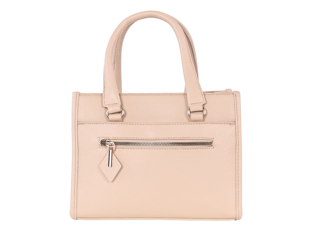 Bolso de mano color khaki con textura granulada, dos asas y un bolsillo frontal con cremallera plateada.