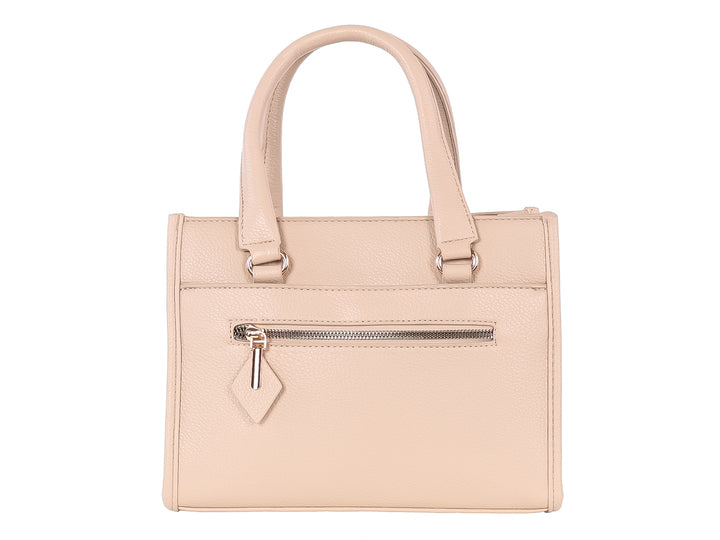 Bolso de mano color khaki con textura granulada, dos asas y un bolsillo frontal con cremallera plateada.
