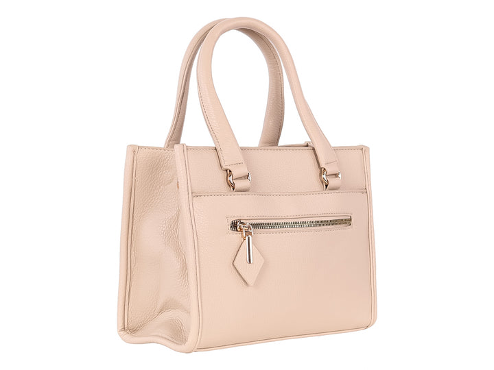 Bolso de mano color khaki con textura granulada, dos asas y un bolsillo frontal con cremallera plateada.