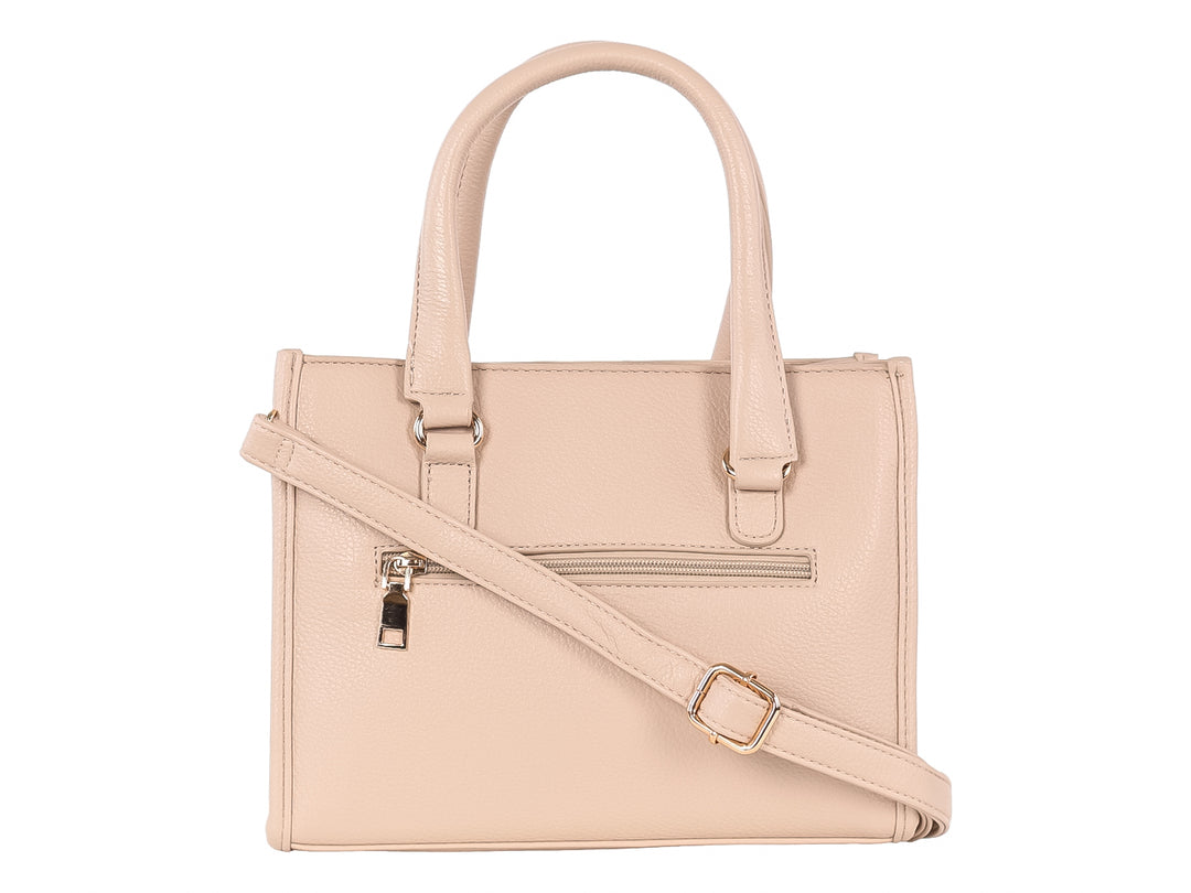 Bolso de mano color khaki con textura granulada, dos asas y un bolsillo frontal con cremallera plateada.