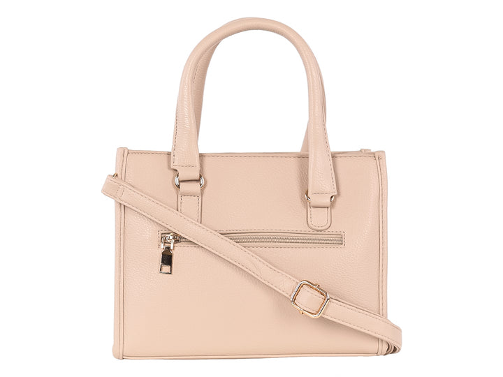 Bolso de mano color khaki con textura granulada, dos asas y un bolsillo frontal con cremallera plateada.