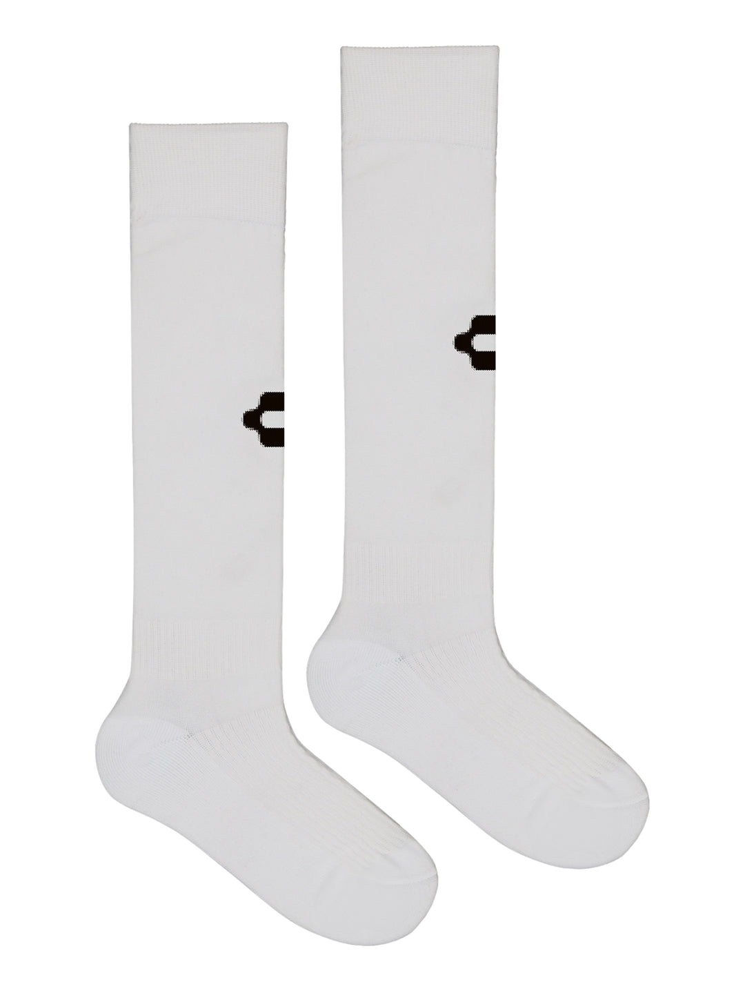 Par de calcetas deportivas altas de color blanco para niño con logotipo negro.