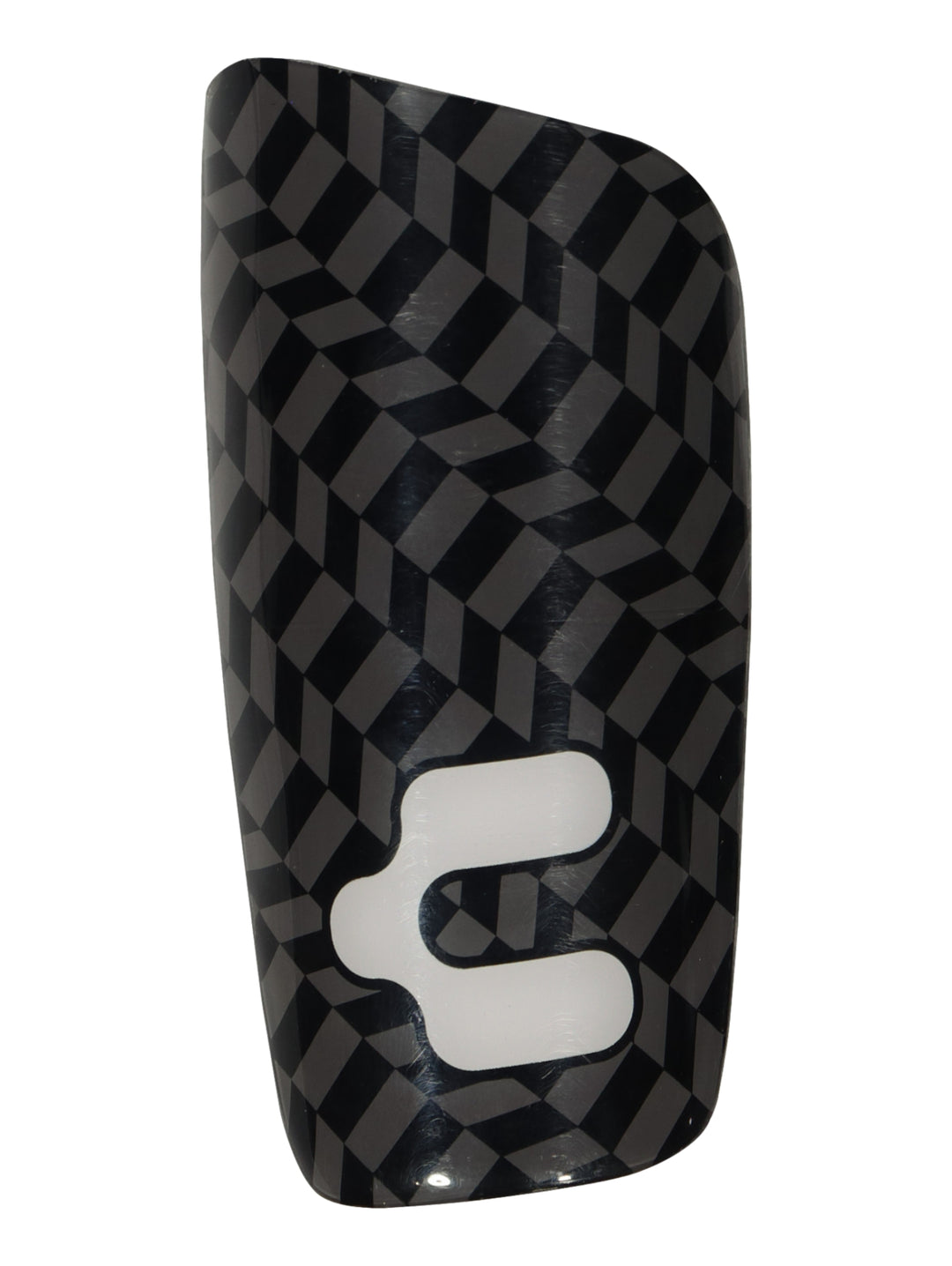 Espinillera de fútbol marca Charly en color negro con patrón geométrico y logotipo blanco.