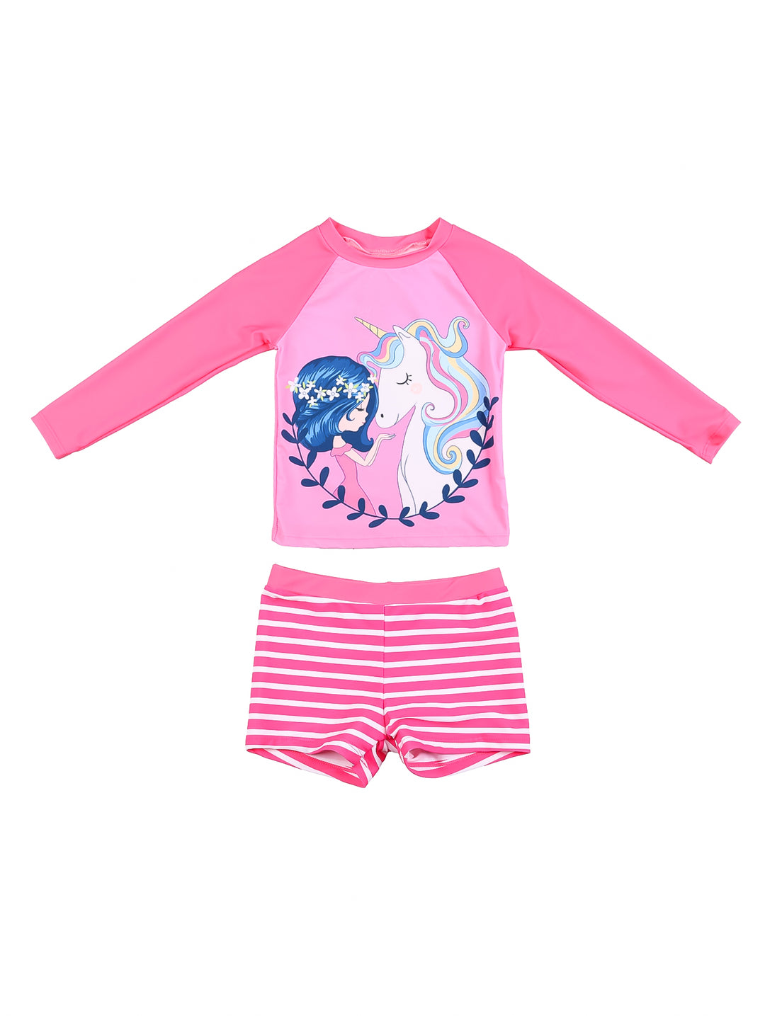 Traje de baño rosa para niña de dos piezas con camiseta de manga larga con dibujo de unicornio y short a rayas.