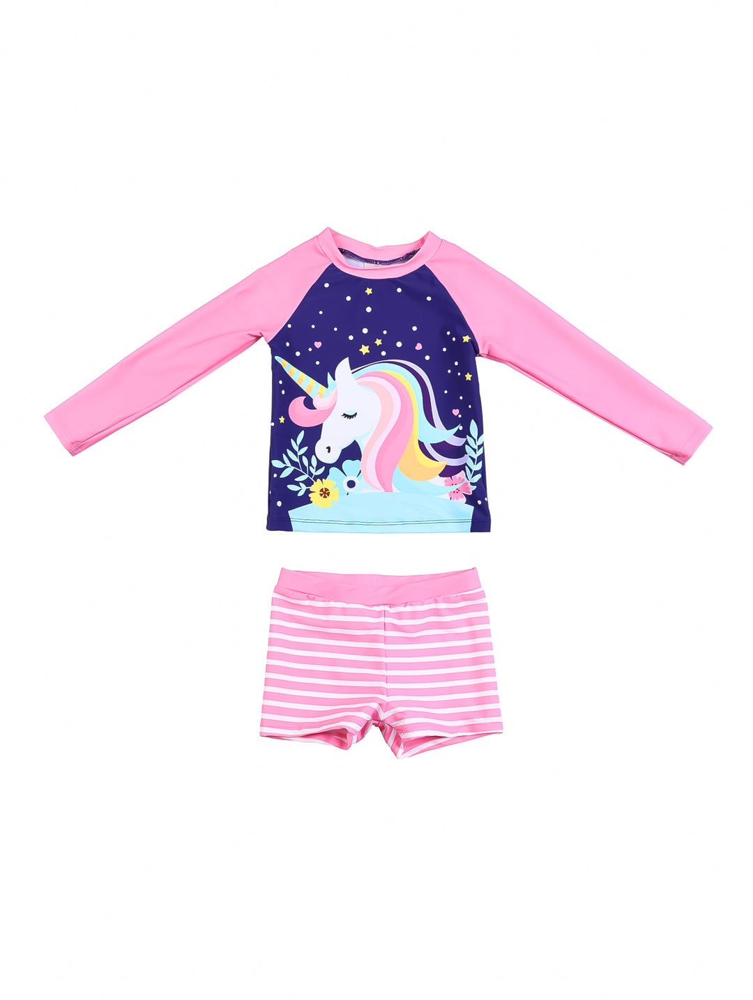 Traje de baño infantil de dos piezas color marino y rosa con estampado de unicornio.