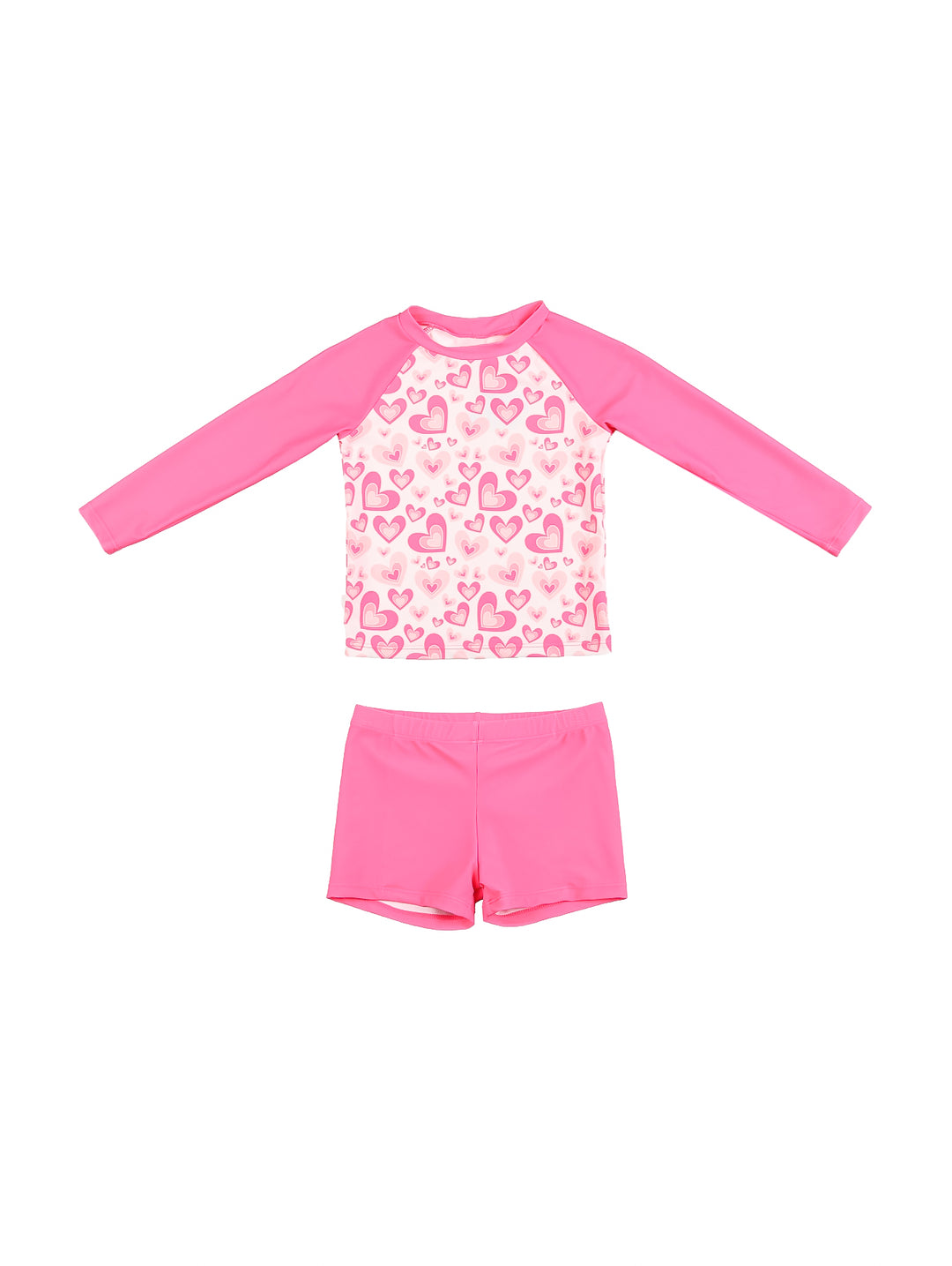 Traje de baño rosa para niña compuesto por playera de manga larga con corazones y short.