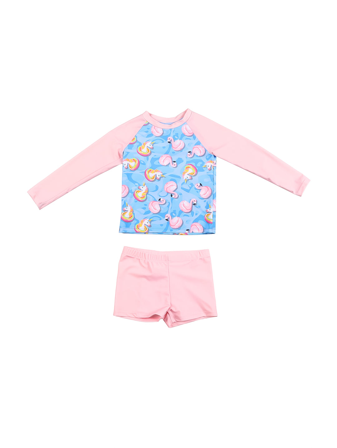 Traje de baño para niña de dos piezas rosa y azul con estampado de flamencos.