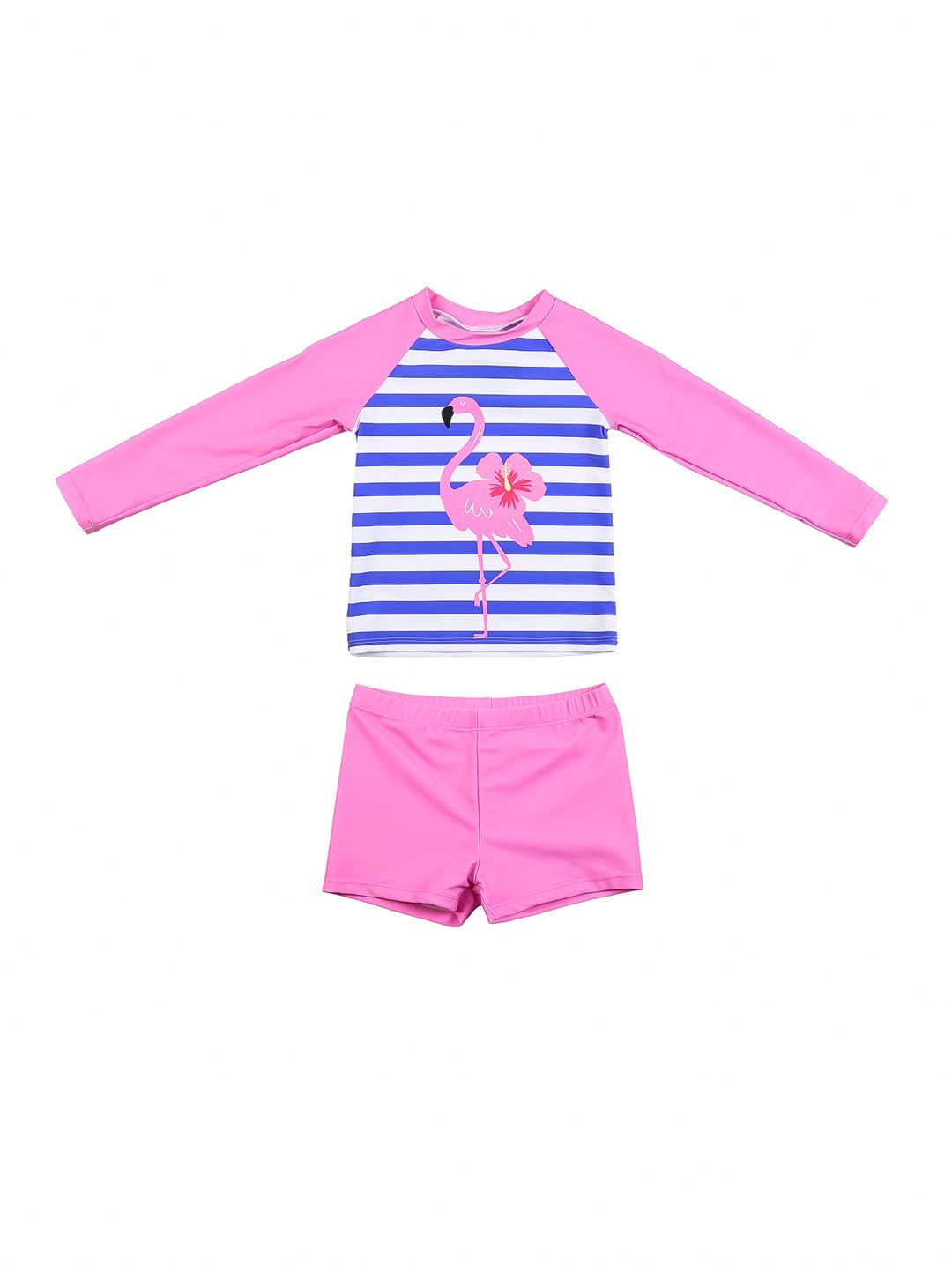 Traje de baño para niña color magenta con camiseta de rayas azules y estampado de flamenco.