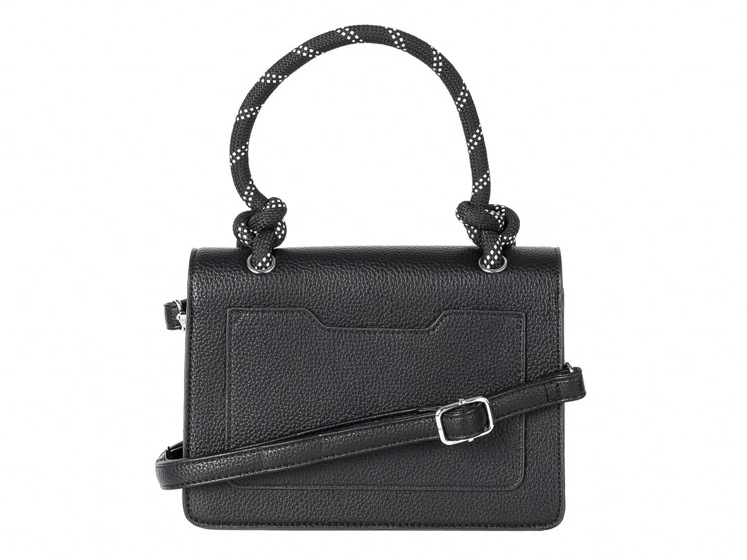 Bolso de mano negro con textura rugosa y asas decorativas de cuerda trenzada en blanco y negro.